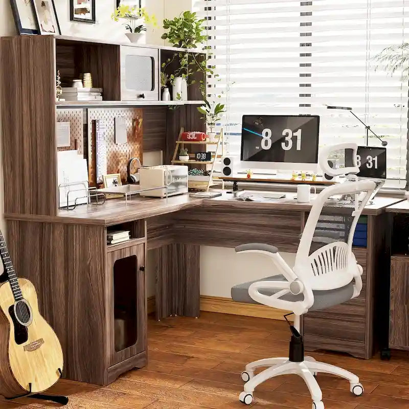 L-Shaped Corner Desk with File Cabinet, Hutch and Charging Station
