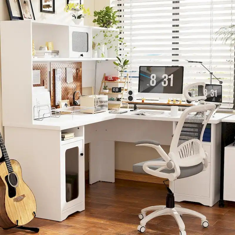 L-Shaped Corner Desk with File Cabinet, Hutch and Charging Station
