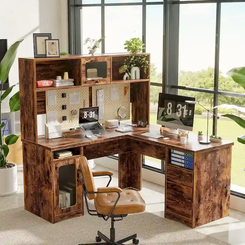 L-Shaped Corner Desk with File Cabinet, Hutch and Charging Station