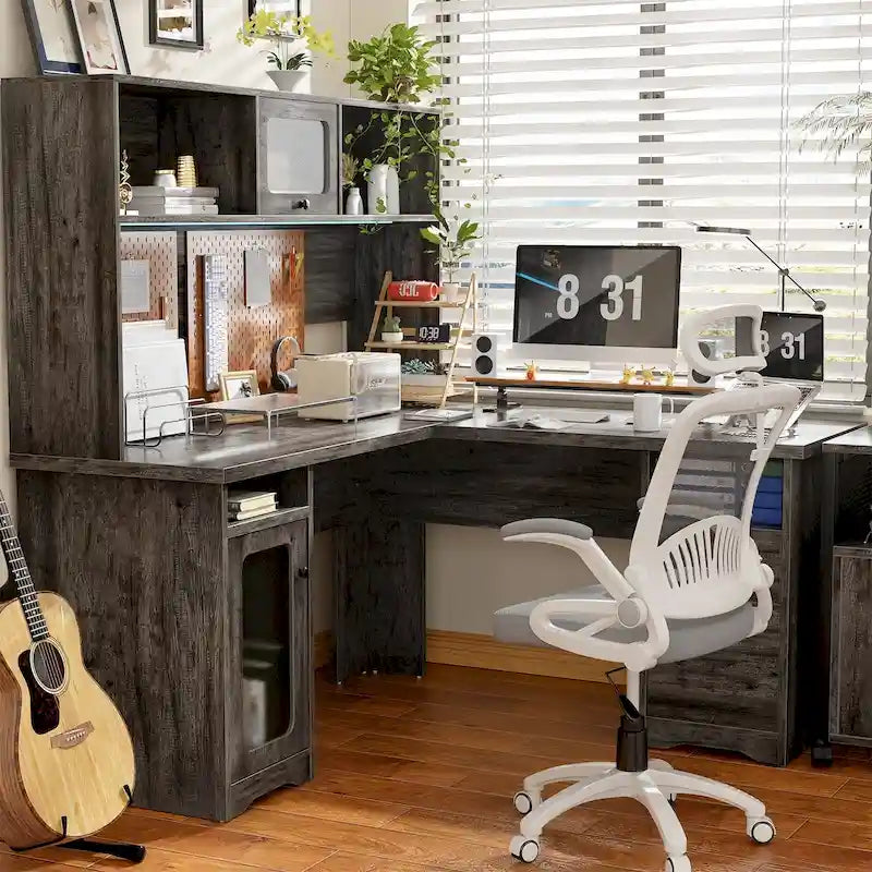 L-Shaped Corner Desk with File Cabinet, Hutch and Charging Station