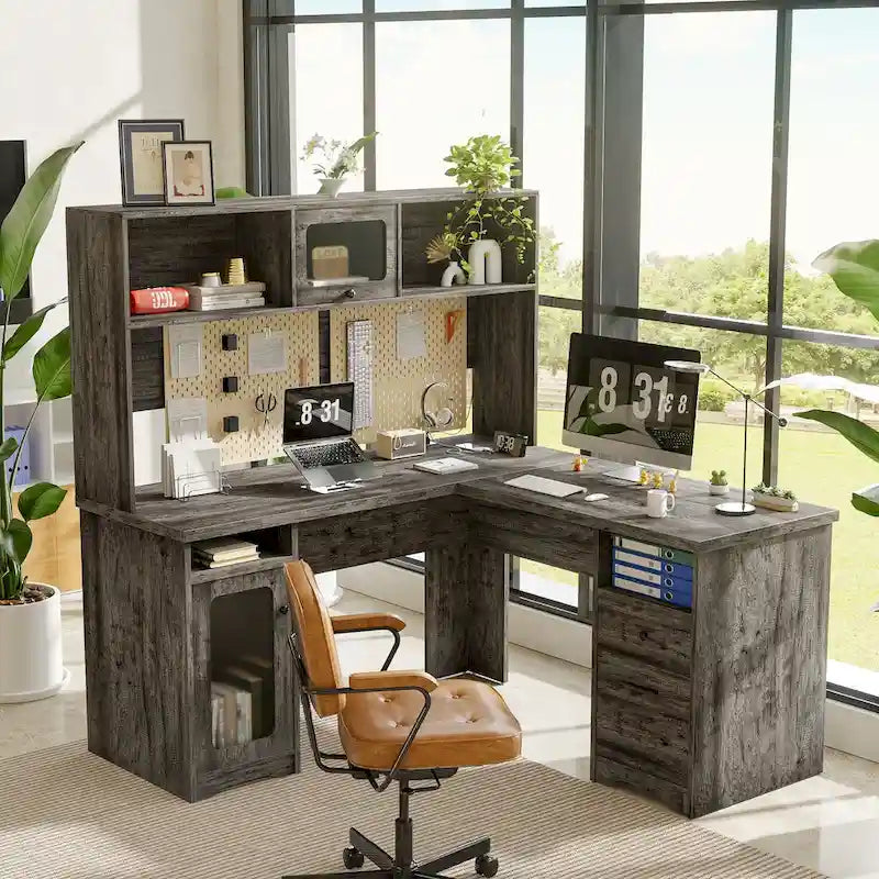 L-Shaped Corner Desk with File Cabinet, Hutch and Charging Station