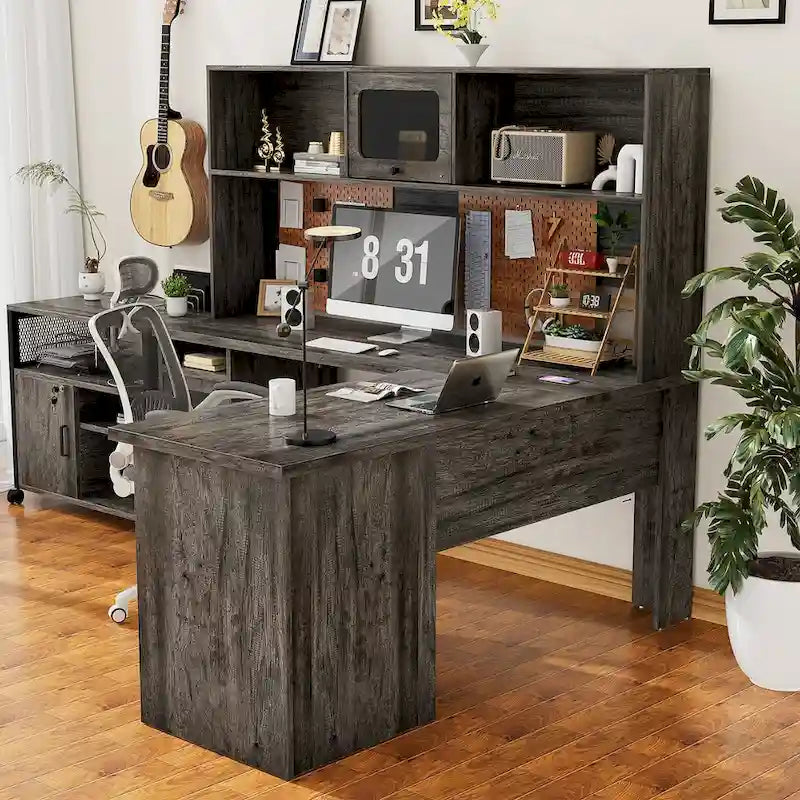 L-Shaped Corner Desk with File Cabinet, Hutch and Charging Station