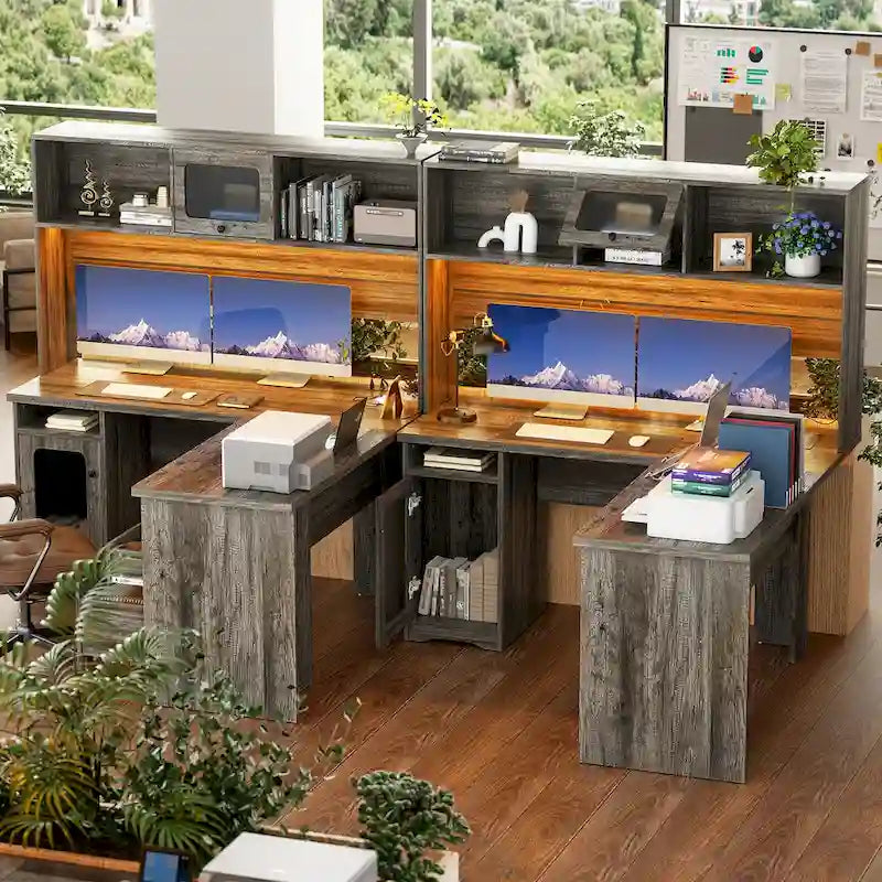L-Shaped Corner Desk with File Cabinet, Hutch and Charging Station