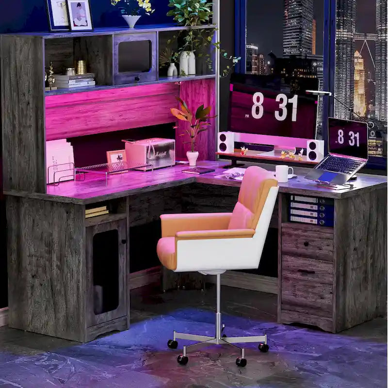 L-Shaped Corner Desk with File Cabinet, Hutch and Charging Station