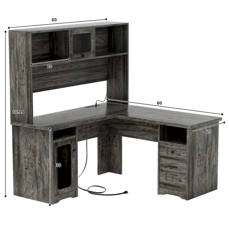 L-Shaped Corner Desk with File Cabinet, Hutch and Charging Station