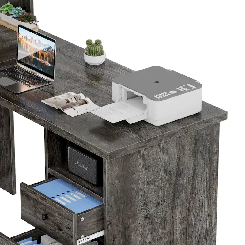 L-Shaped Corner Desk with File Cabinet, Hutch and Charging Station