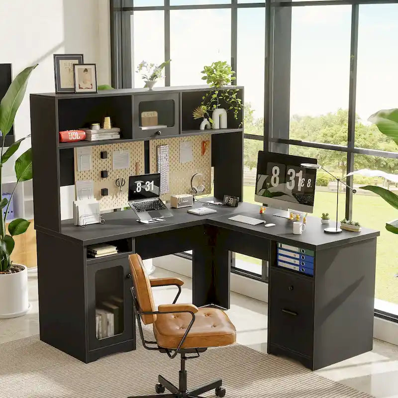 L-Shaped Corner Desk with File Cabinet, Hutch and Charging Station