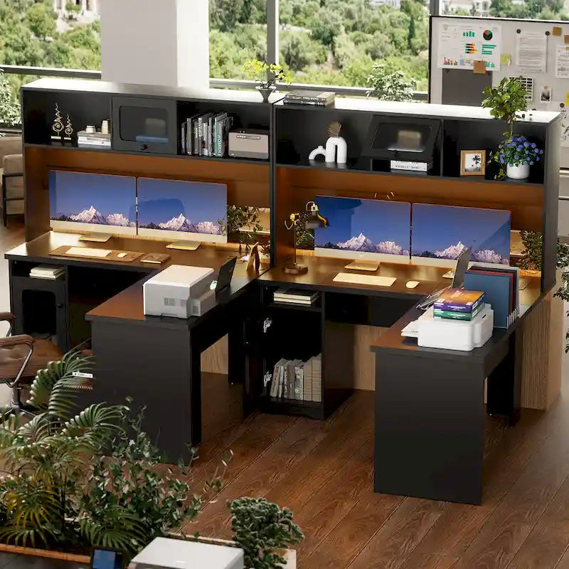 L-Shaped Corner Desk with File Cabinet, Hutch and Charging Station