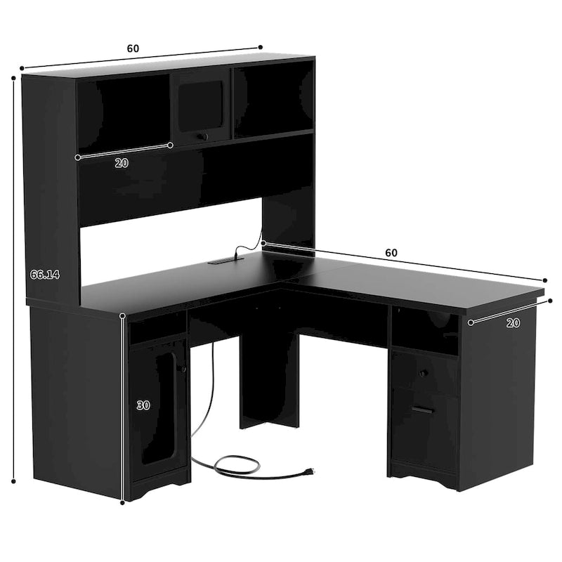 L-Shaped Corner Desk with File Cabinet, Hutch and Charging Station