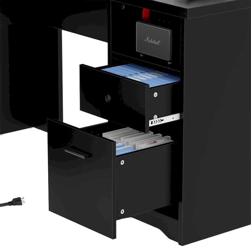 L-Shaped Corner Desk with File Cabinet, Hutch and Charging Station