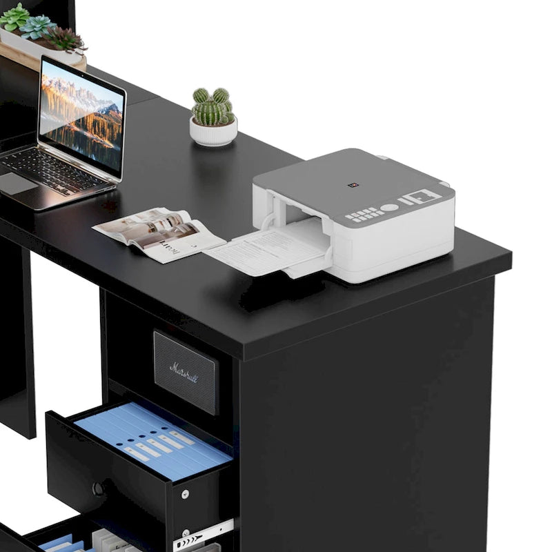 L-Shaped Corner Desk with File Cabinet, Hutch and Charging Station