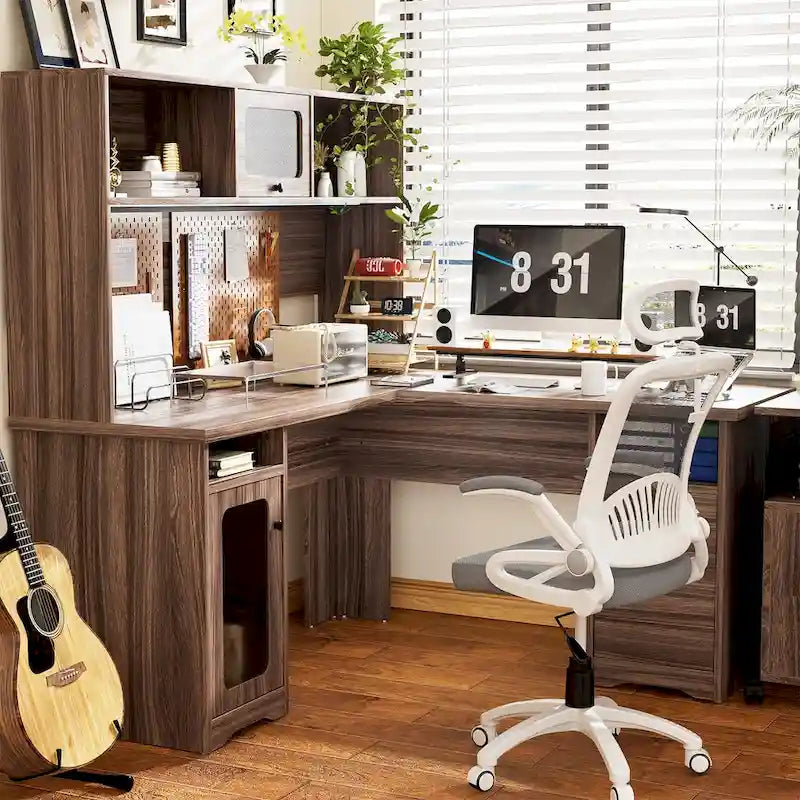 L-Shaped Corner Desk with File Cabinet, Hutch and Charging Station