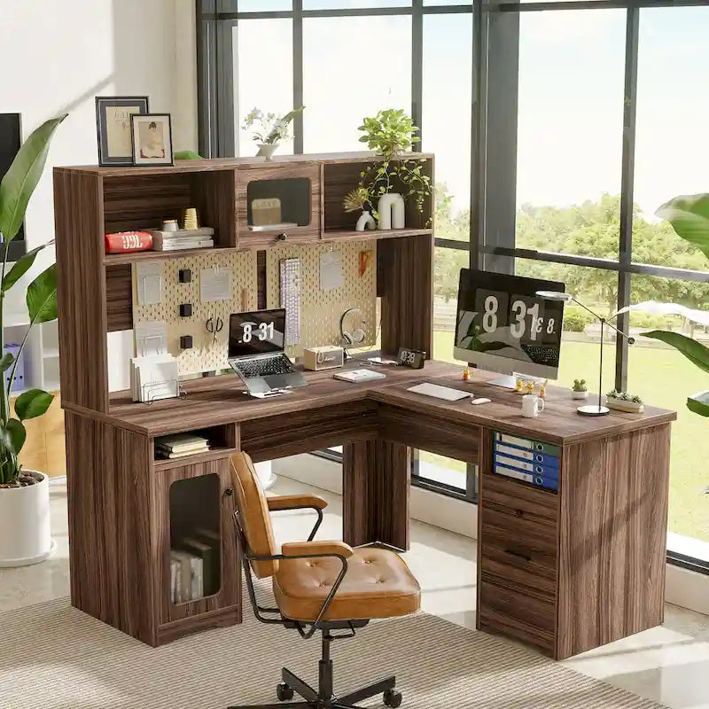 L-Shaped Corner Desk with File Cabinet, Hutch and Charging Station
