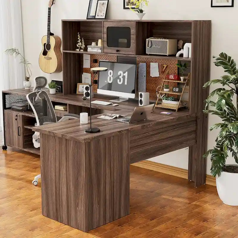 L-Shaped Corner Desk with File Cabinet, Hutch and Charging Station