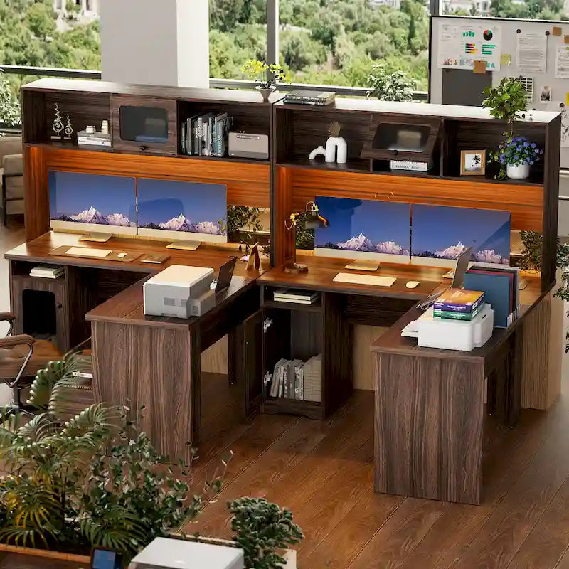 L-Shaped Corner Desk with File Cabinet, Hutch and Charging Station