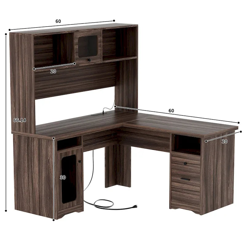 L-Shaped Corner Desk with File Cabinet, Hutch and Charging Station