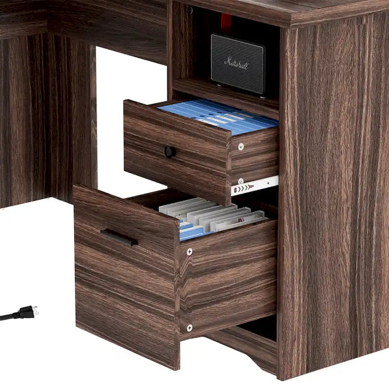 L-Shaped Corner Desk with File Cabinet, Hutch and Charging Station