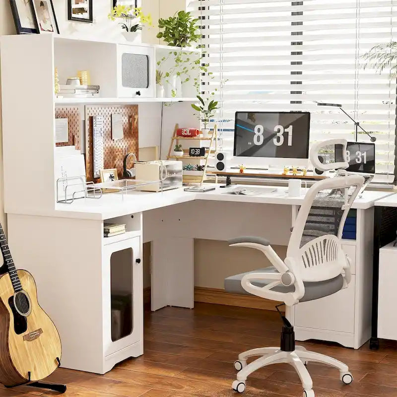 L-Shaped Corner Desk with File Cabinet, Hutch and Charging Station