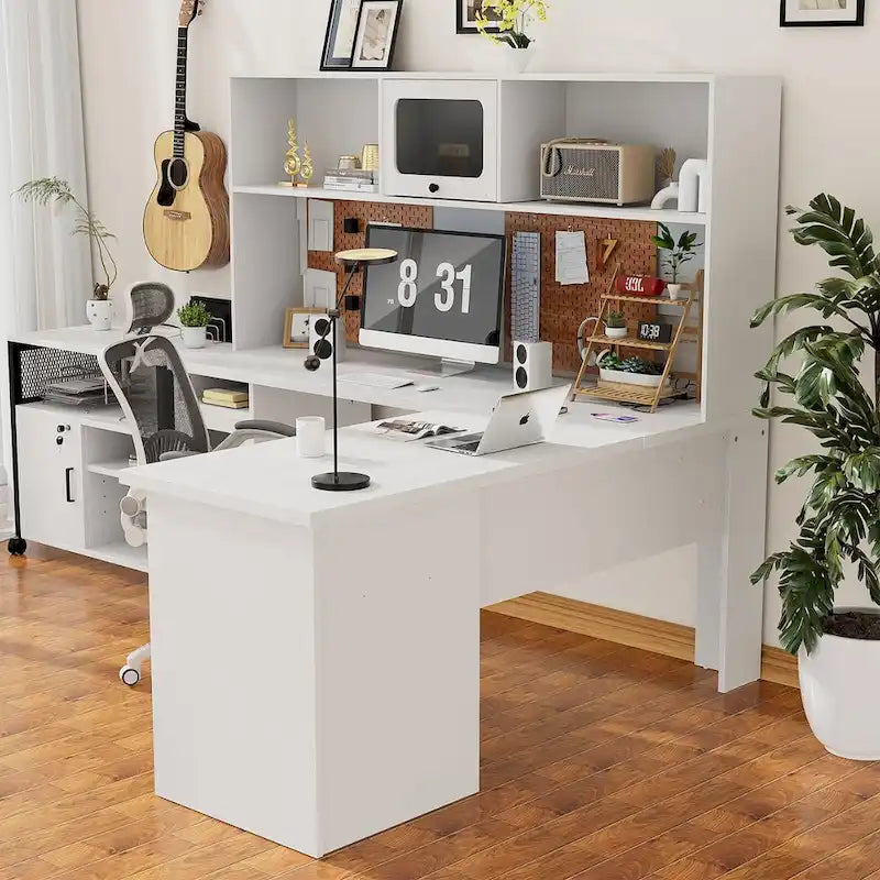 L-Shaped Corner Desk with File Cabinet, Hutch and Charging Station