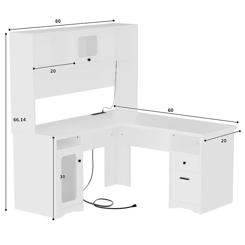 L-Shaped Corner Desk with File Cabinet, Hutch and Charging Station