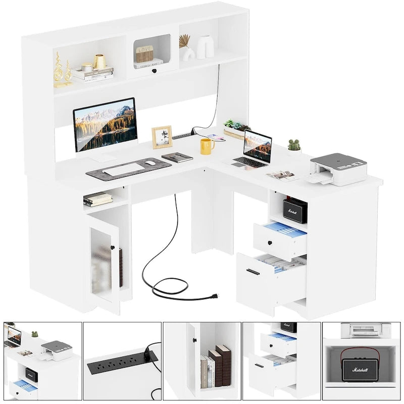 L-Shaped Corner Desk with File Cabinet, Hutch and Charging Station