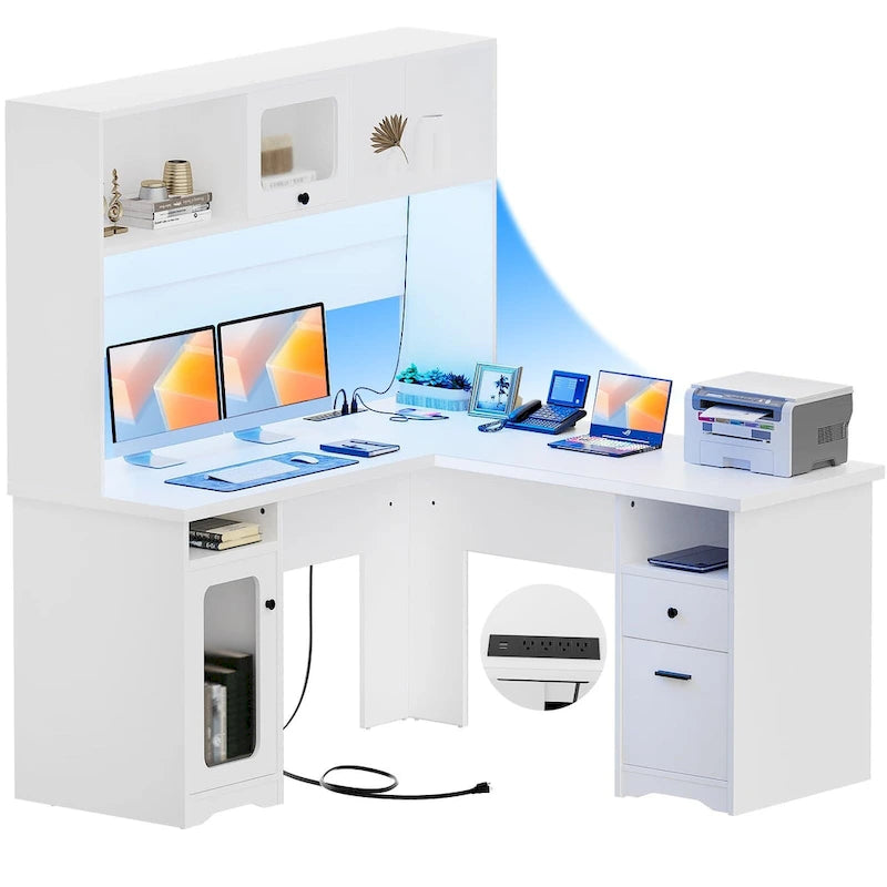 L-Shaped Corner Desk with File Cabinet, Hutch and Charging Station
