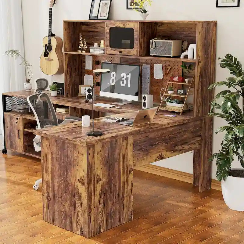 L-Shaped Corner Desk with File Cabinet, Hutch and Charging Station