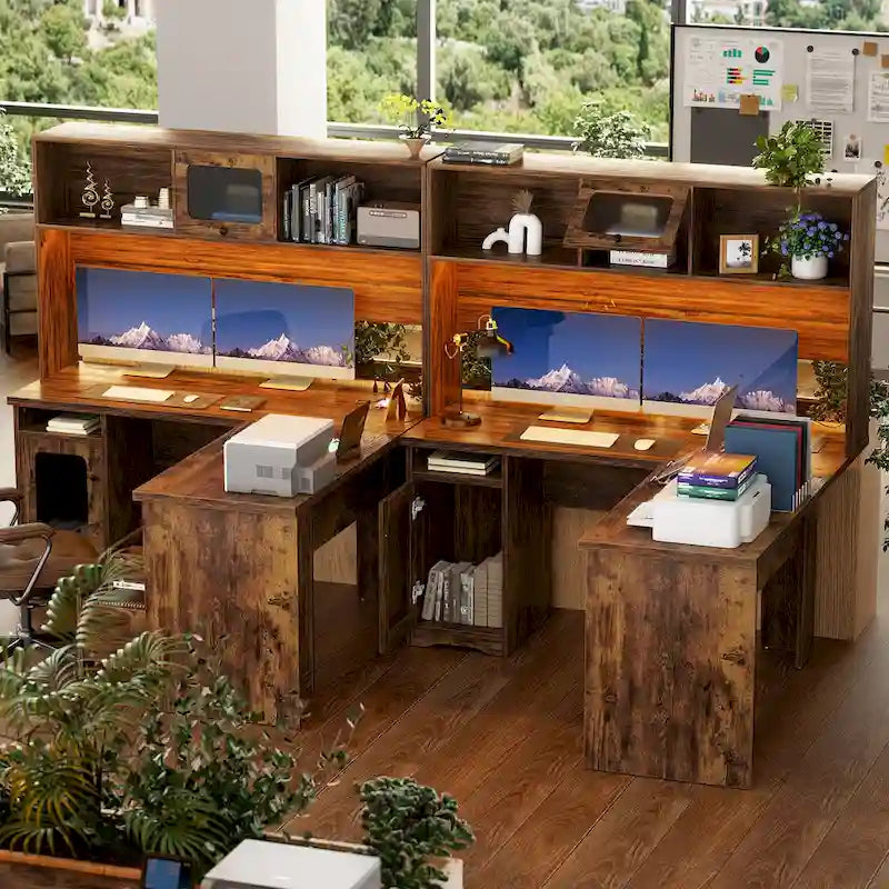 L-Shaped Corner Desk with File Cabinet, Hutch and Charging Station