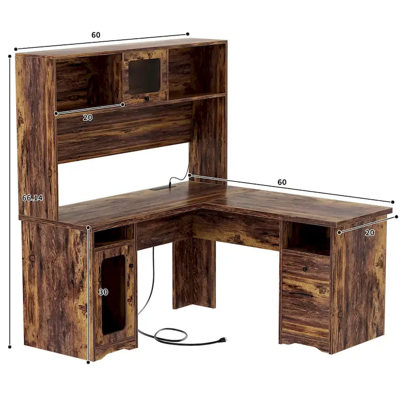 L-Shaped Corner Desk with File Cabinet, Hutch and Charging Station