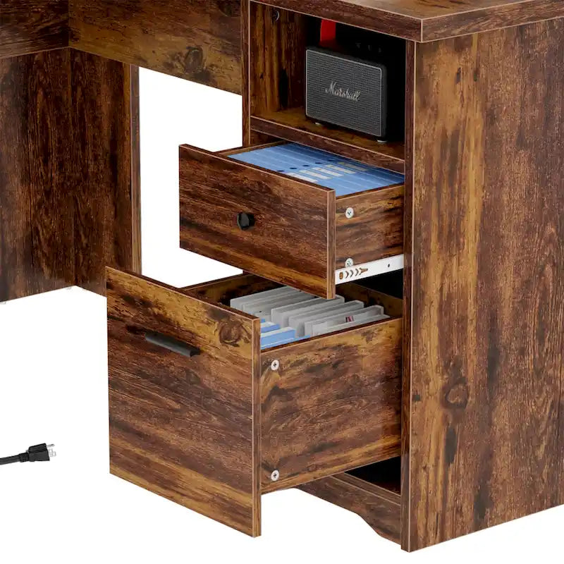 L-Shaped Corner Desk with File Cabinet, Hutch and Charging Station