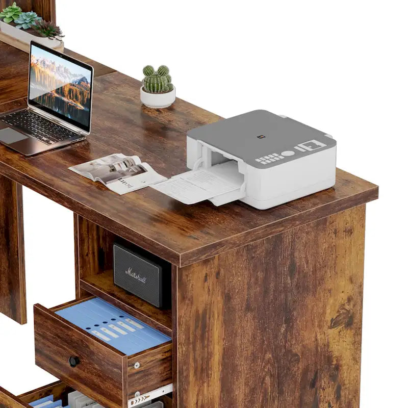 L-Shaped Corner Desk with File Cabinet, Hutch and Charging Station
