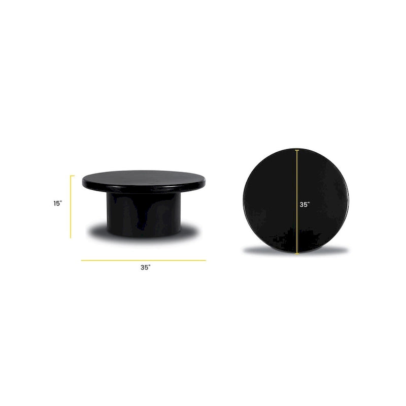 Black Solid Mango Wood Round Coffee Table with Sculptural Base