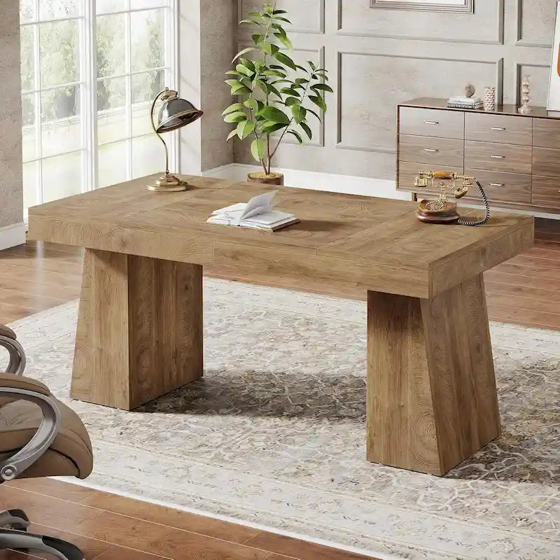 55-Inch Mid-Century Executive Desk for Home Office Workspaces