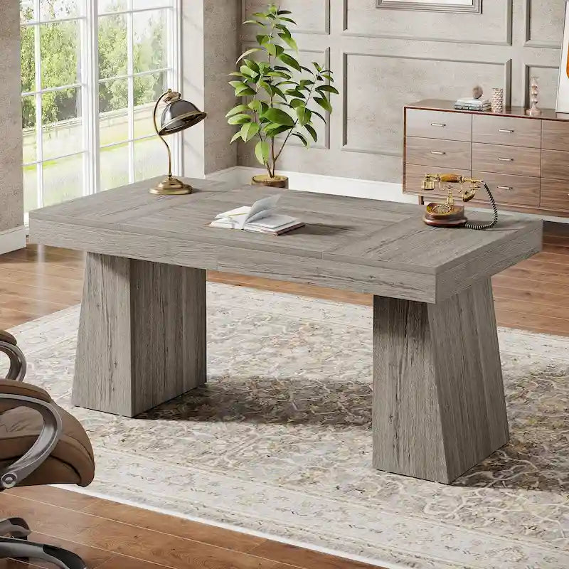 55-Inch Mid-Century Executive Desk for Home Office Workspaces