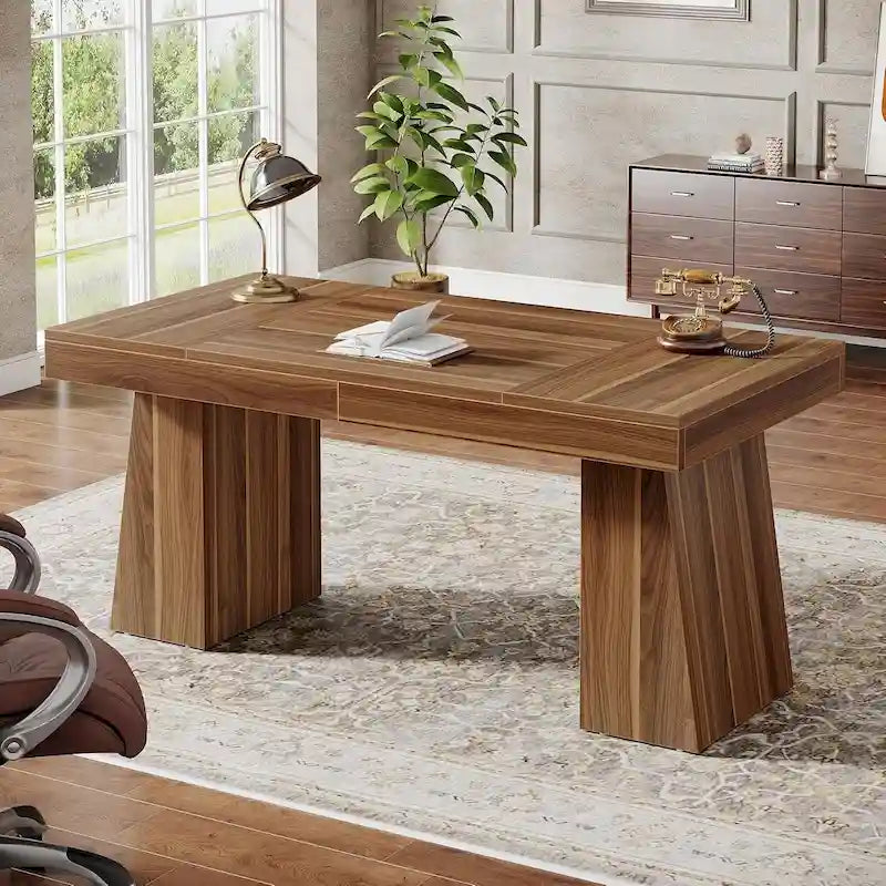 55-Inch Mid-Century Executive Desk for Home Office Workspaces