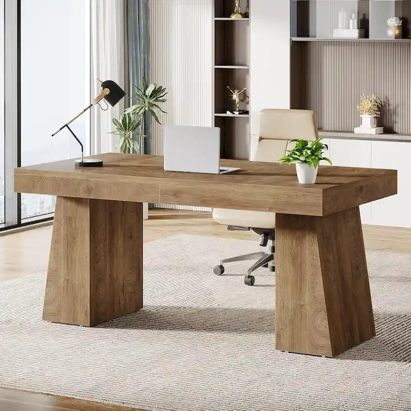 55-Inch Mid-Century Executive Desk for Home Office Workspaces