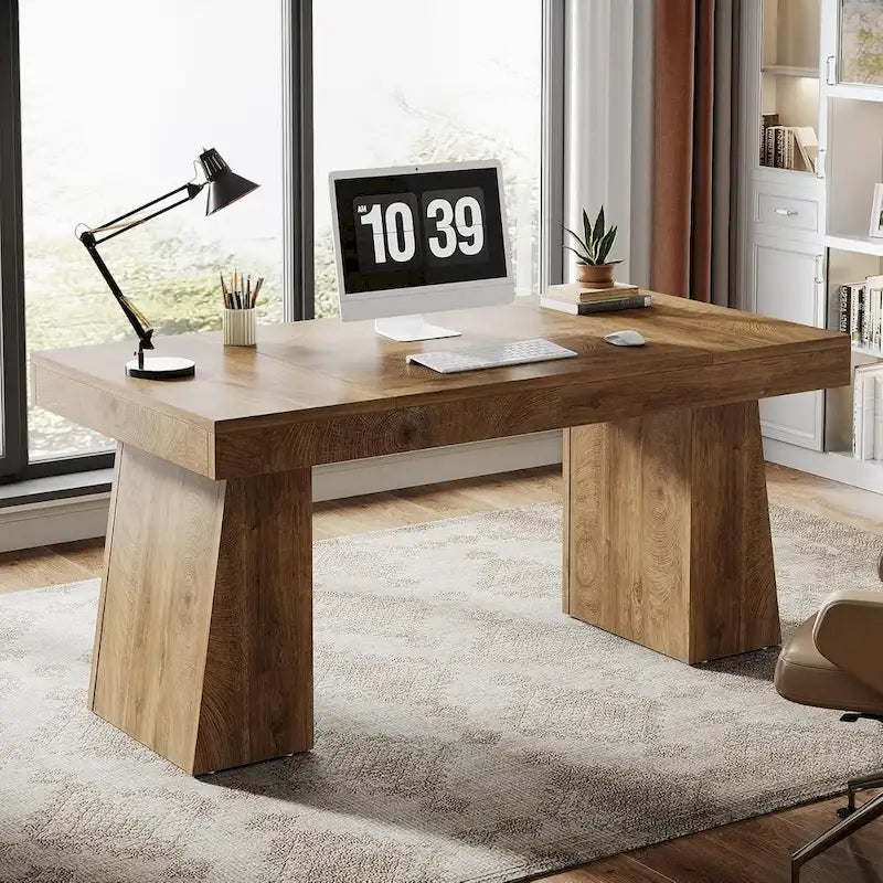 55-Inch Mid-Century Executive Desk for Home Office Workspaces