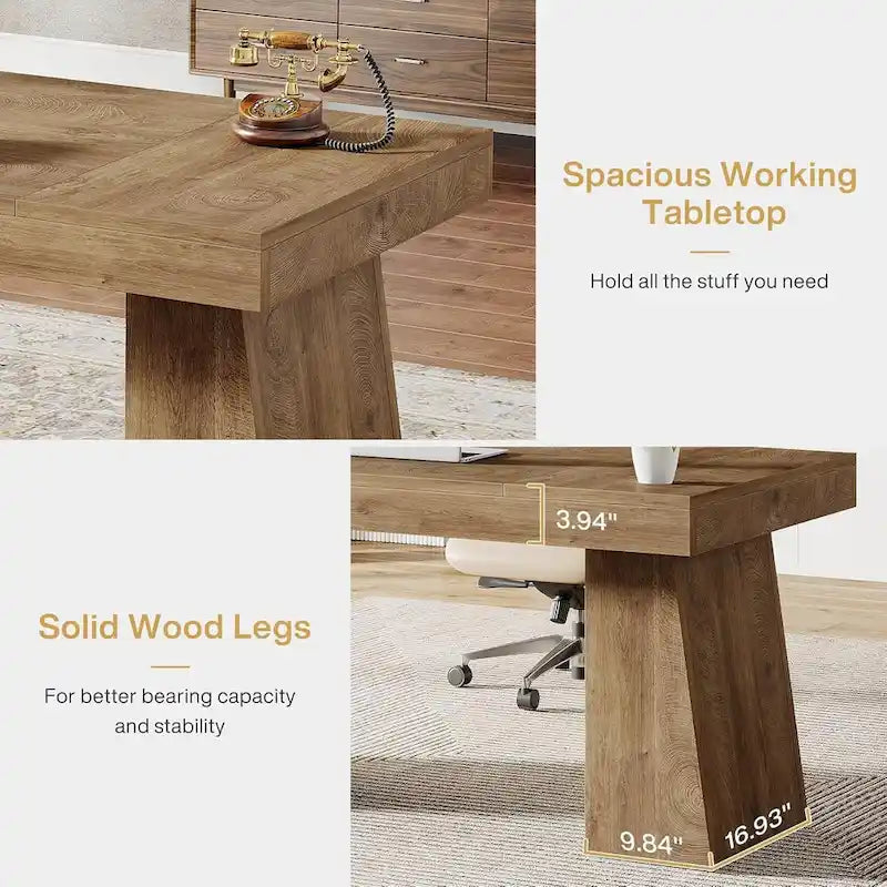55-Inch Mid-Century Executive Desk for Home Office Workspaces