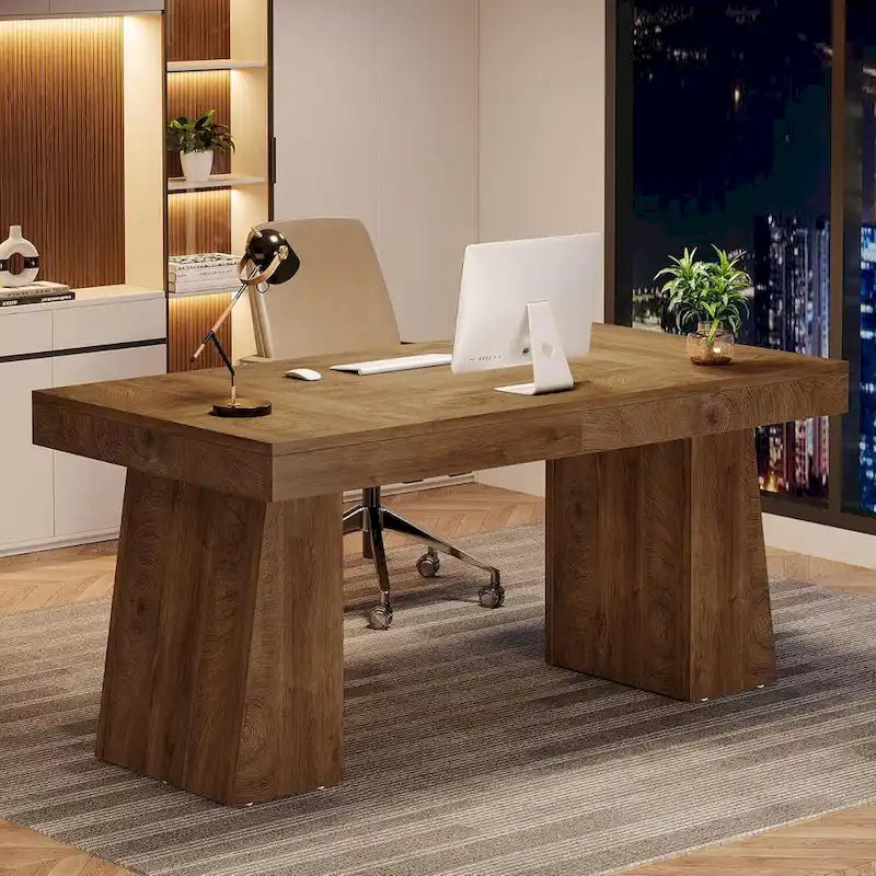 55-Inch Mid-Century Executive Desk for Home Office Workspaces
