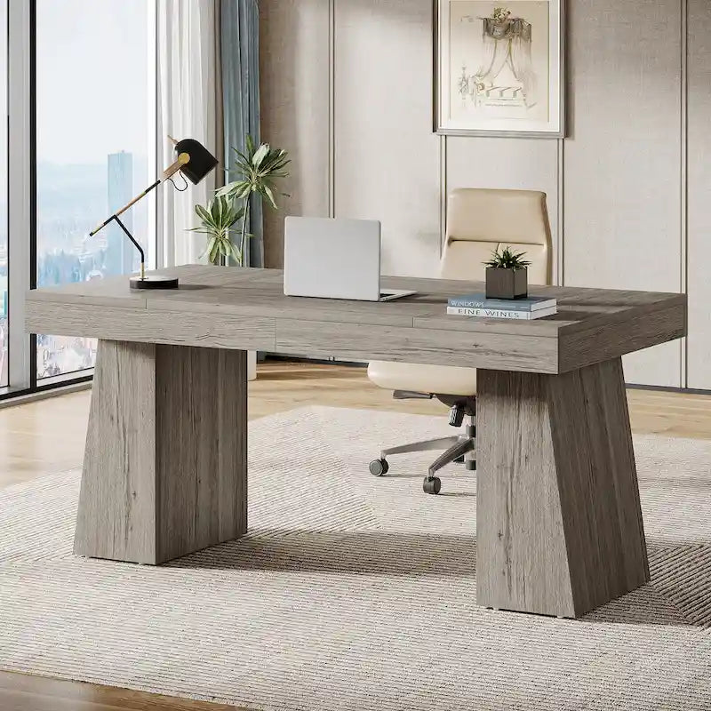 55-Inch Mid-Century Executive Desk for Home Office Workspaces