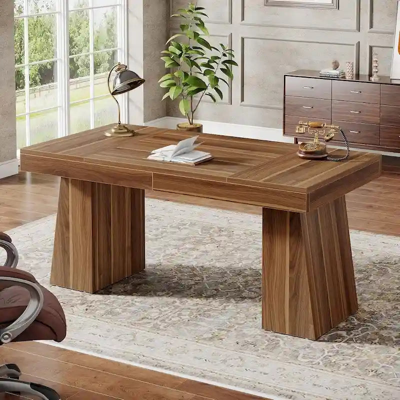 55-Inch Mid-Century Executive Desk for Home Office Workspaces