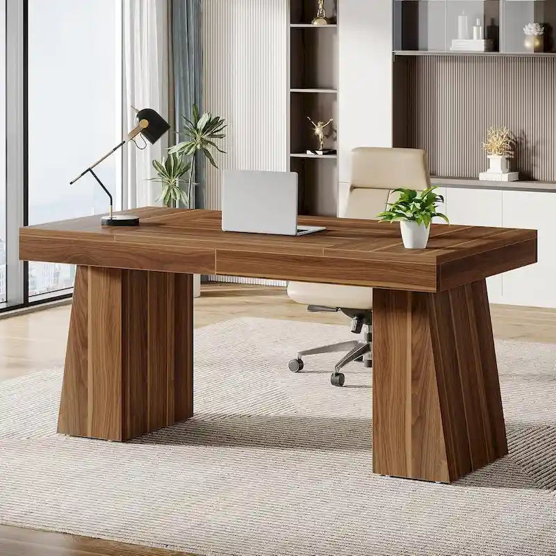 55-Inch Mid-Century Executive Desk for Home Office Workspaces