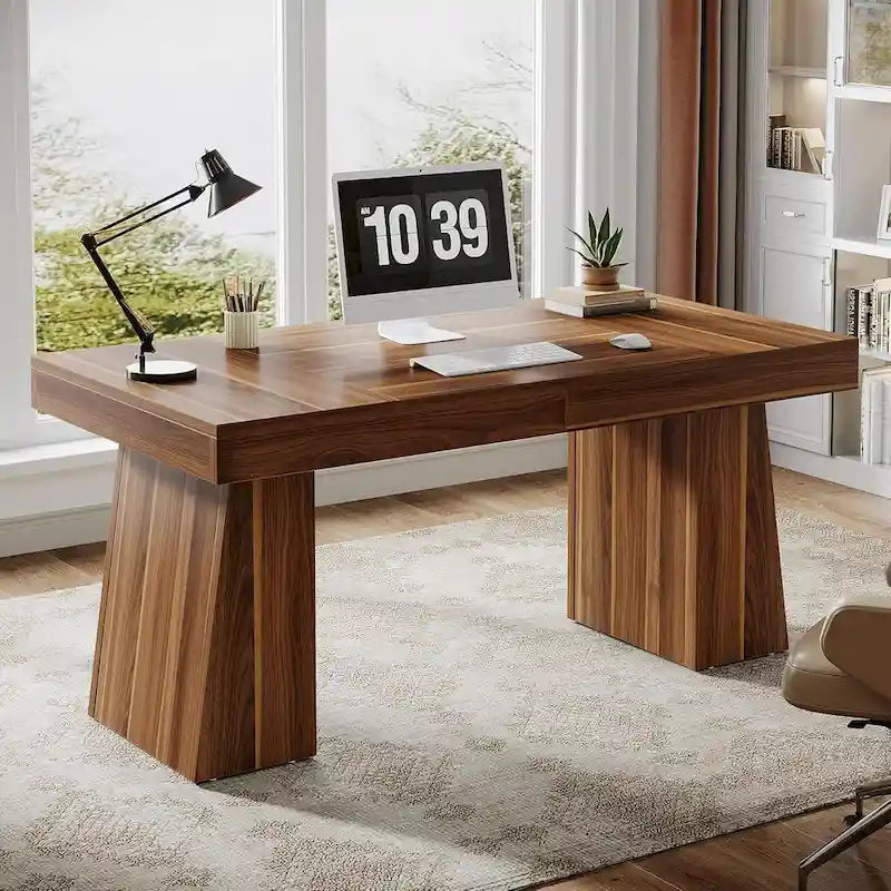 55-Inch Mid-Century Executive Desk for Home Office Workspaces