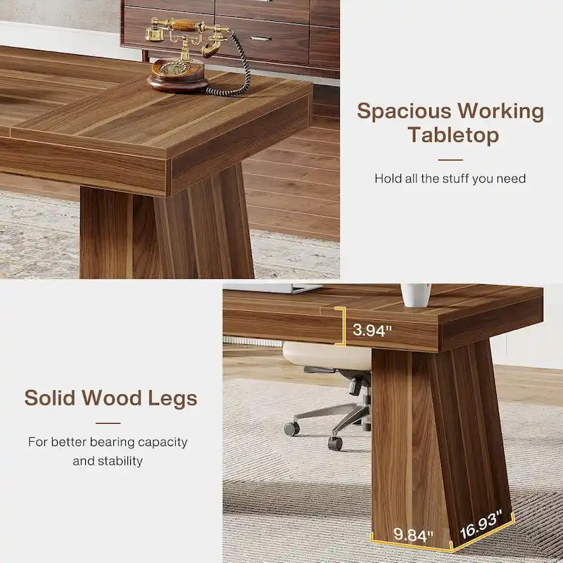 55-Inch Mid-Century Executive Desk for Home Office Workspaces