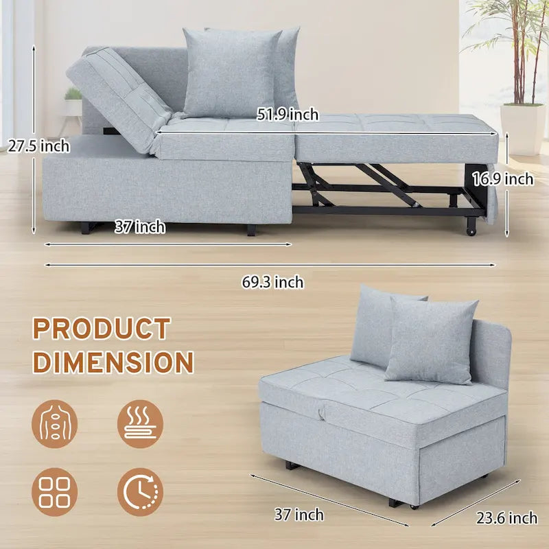 Convertible Sleeper Sofa Chair Bed with Adjustable Backrest and Faux Linen Upholstery