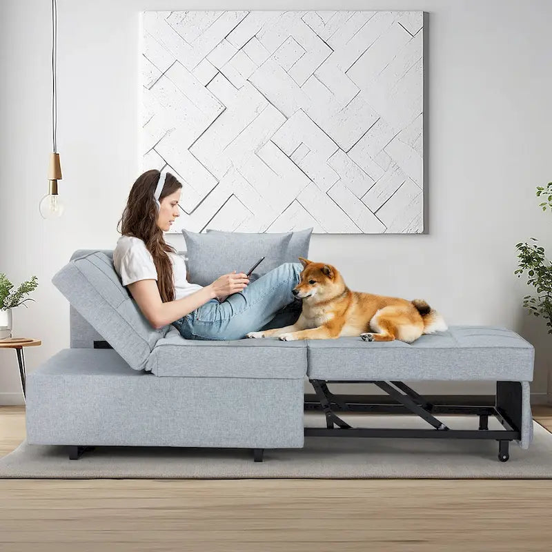 Convertible Sleeper Sofa Chair Bed with Adjustable Backrest and Faux Linen Upholstery