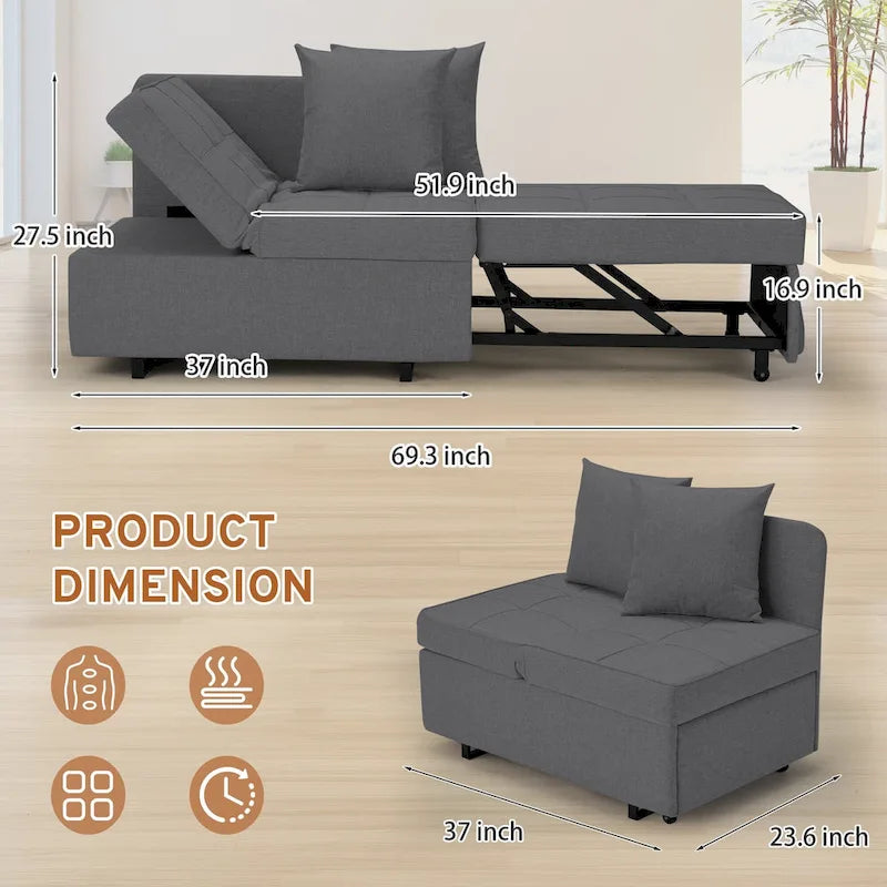 Convertible Sleeper Sofa Chair Bed with Adjustable Backrest and Faux Linen Upholstery