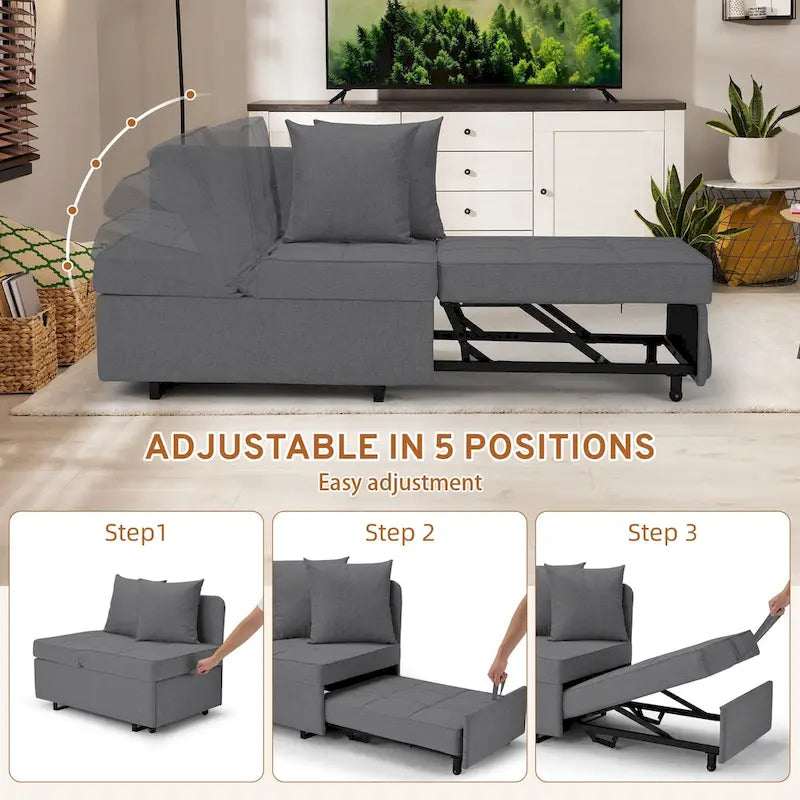 Convertible Sleeper Sofa Chair Bed with Adjustable Backrest and Faux Linen Upholstery