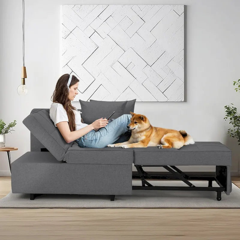 Convertible Sleeper Sofa Chair Bed with Adjustable Backrest and Faux Linen Upholstery