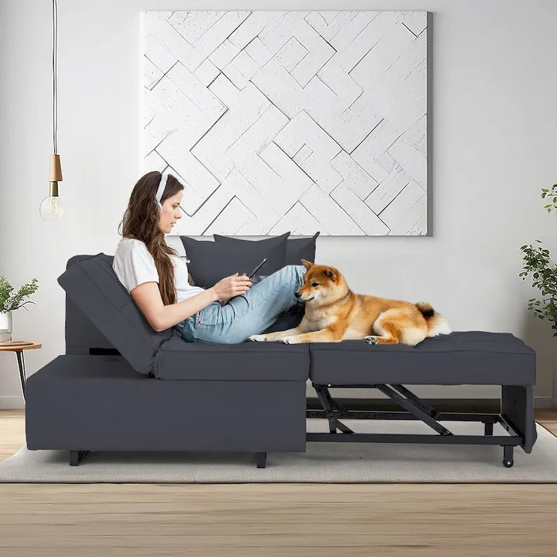 Convertible Sleeper Sofa Chair Bed with Adjustable Backrest and Faux Linen Upholstery